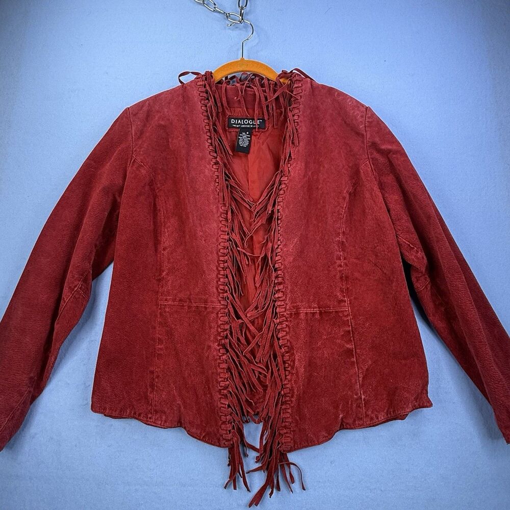 VTG Dialogue Red Suede Leather Fringe Jacket Size S 1167